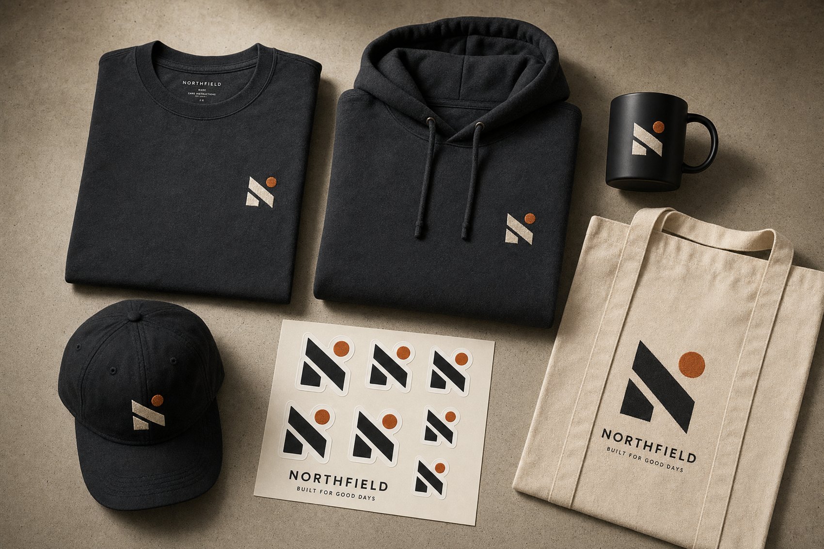 Branded merch collection: tee, hoodie, mug, cap, stickers, tote